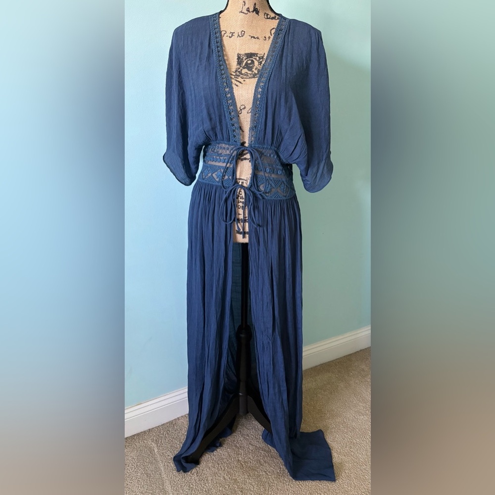 Lulu's Navy Blue Crochet-Waist Maxi Swim Coverup